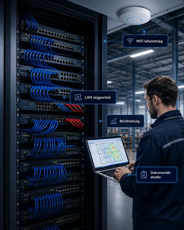Hálózatépítés Győr cégeknek, szerverrack, LAN végpontok és WiFi lefedettség tervezése